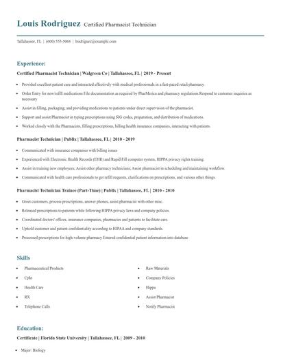 Certified Pharmacist Technician Resume