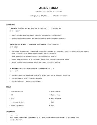 Certified Pharmacist Technician Resume