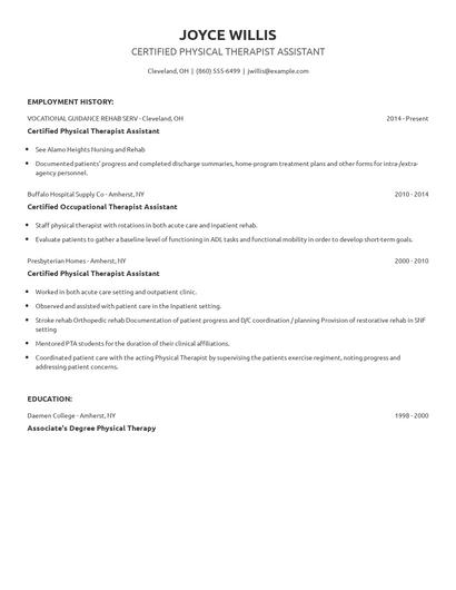 Certified Physical Therapist Assistant Resume