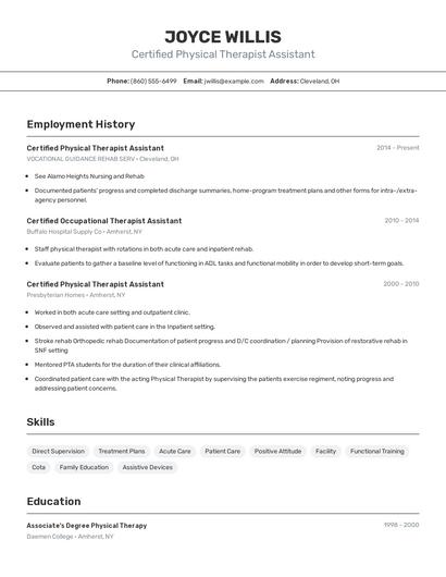 Certified Physical Therapist Assistant Resume