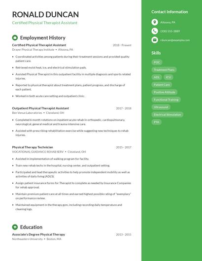 Certified Physical Therapist Assistant Resume