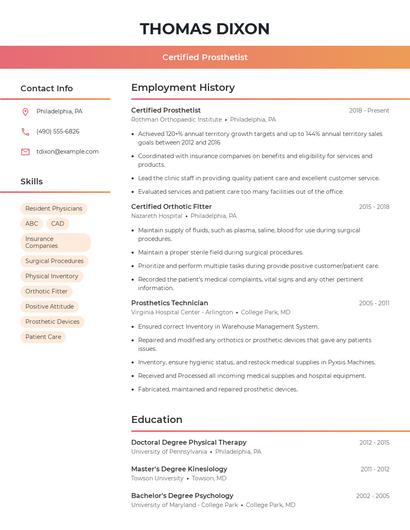 Certified Prosthetist Resume