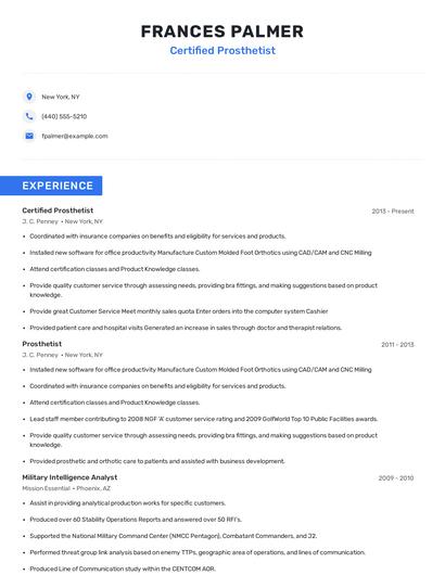 Certified Prosthetist Resume