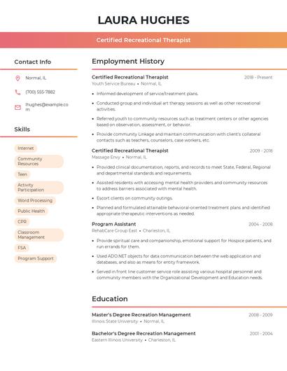 Certified Recreational Therapist Resume
