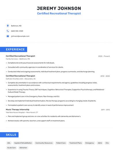 Certified Recreational Therapist Resume