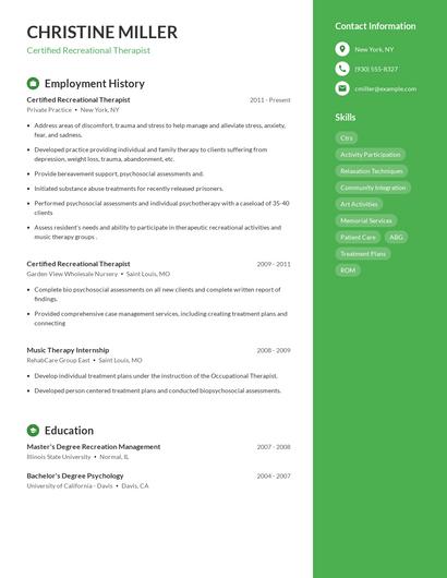Certified Recreational Therapist Resume