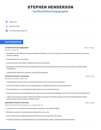 Certified Retinal Angiographer Resume