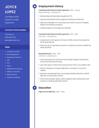 Certified Solid Waste Facility Operator Resume