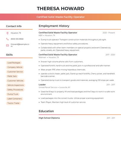 Certified Solid Waste Facility Operator Resume