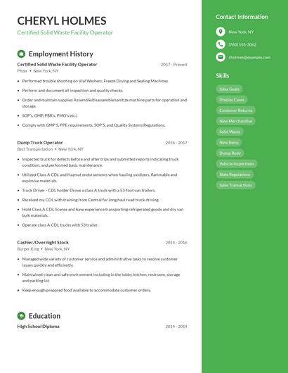 Certified Solid Waste Facility Operator Resume
