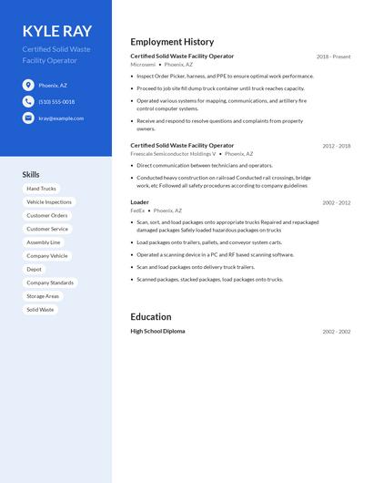 Certified Solid Waste Facility Operator Resume