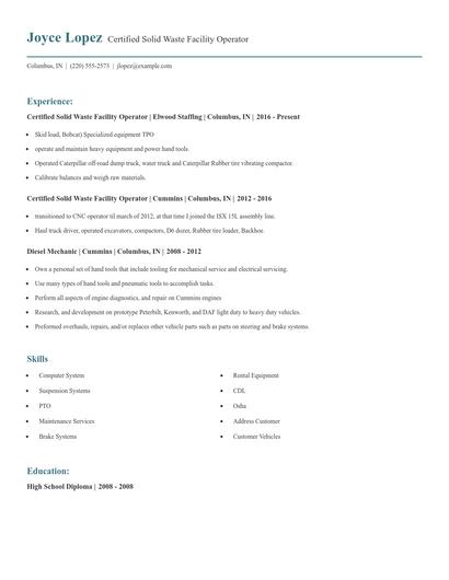 Certified Solid Waste Facility Operator Resume