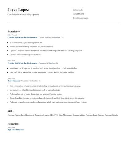 Certified Solid Waste Facility Operator Resume