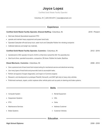 Certified Solid Waste Facility Operator Resume