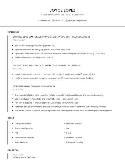 Certified Solid Waste Facility Operator Resume