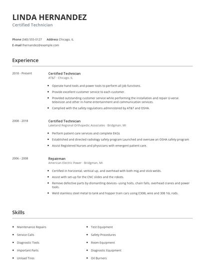 Certified Technician Resume