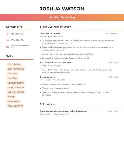Certified Technician Resume