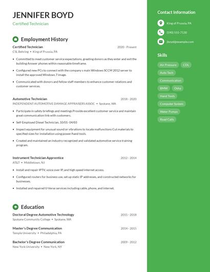 Certified Technician Resume