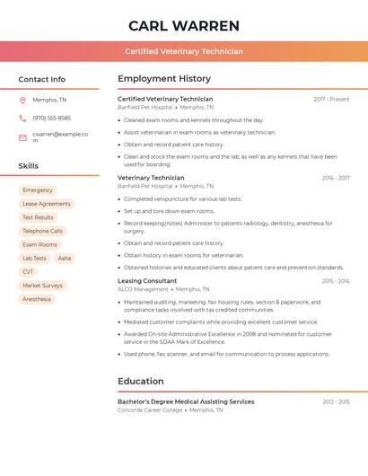 Certified Veterinary Technician Resume