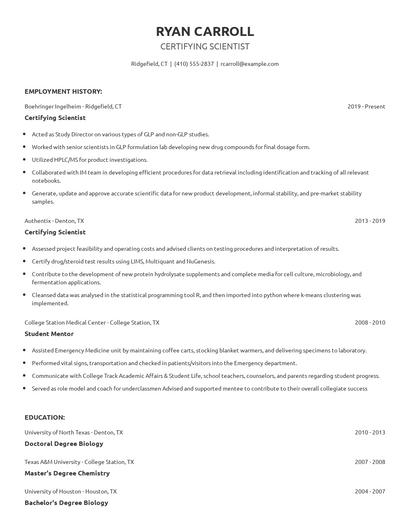Certifying Scientist Resume
