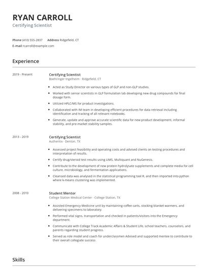Certifying Scientist Resume