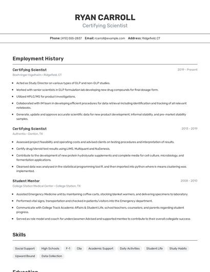 Certifying Scientist Resume