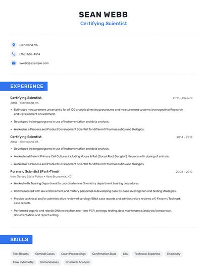 Certifying Scientist Resume