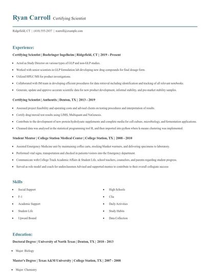 Certifying Scientist Resume