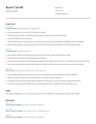 Certifying Scientist Resume