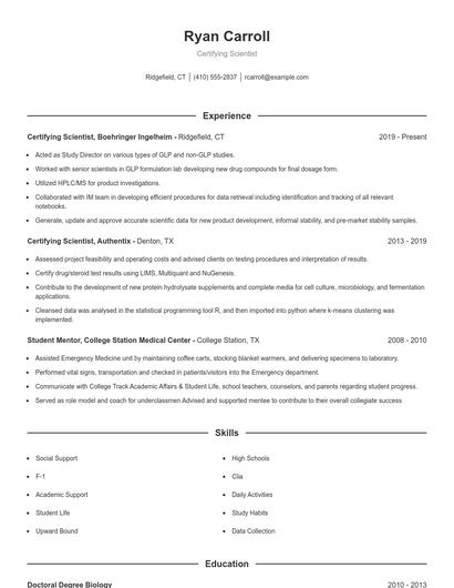 Certifying Scientist Resume