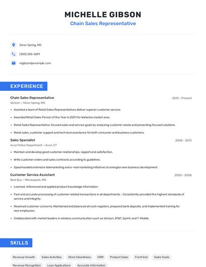 Chain Sales Representative Resume
