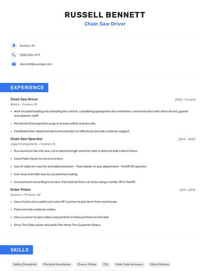 Chain Saw Driver Resume