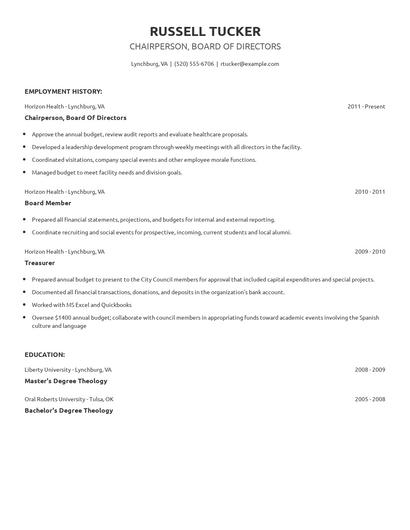 Chairperson, Board Of Directors Resume