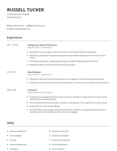 Chairperson, Board Of Directors Resume