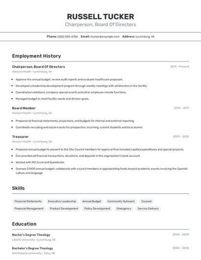 Chairperson, Board Of Directors Resume