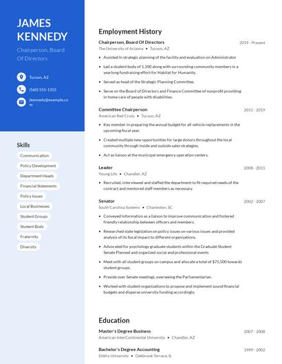 Chairperson, Board Of Directors Resume