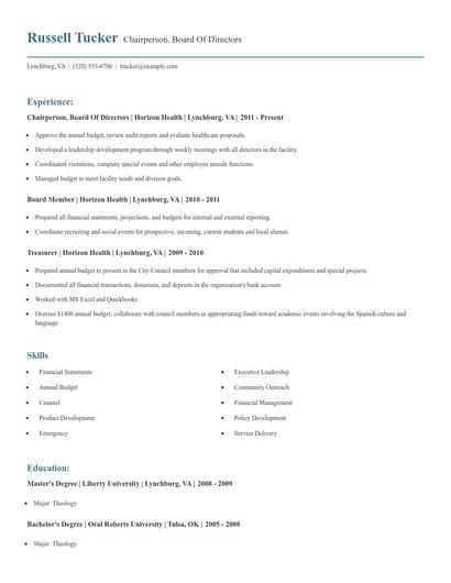 Chairperson, Board Of Directors Resume