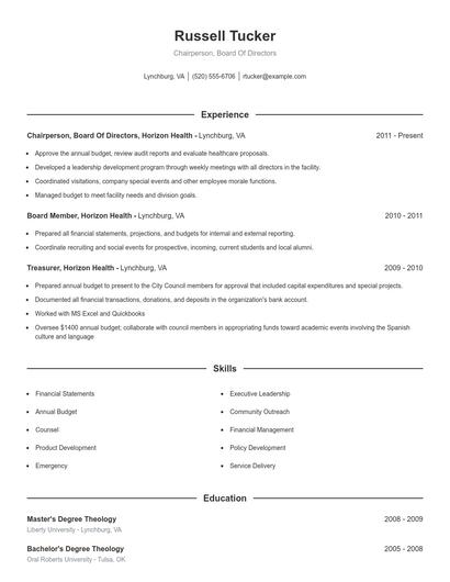 Chairperson, Board Of Directors Resume