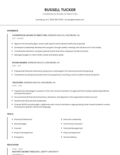 Chairperson, Board Of Directors Resume