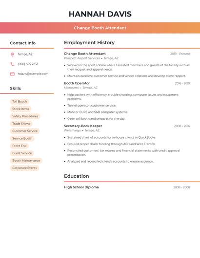 Change Booth Attendant Resume