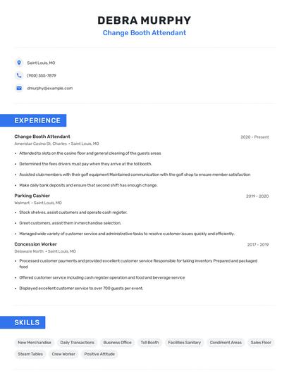 Change Booth Attendant Resume
