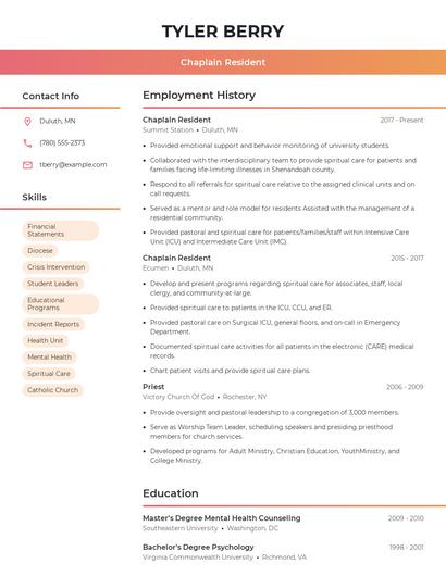 Chaplain Resident Resume