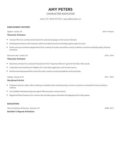 Character Animator Resume