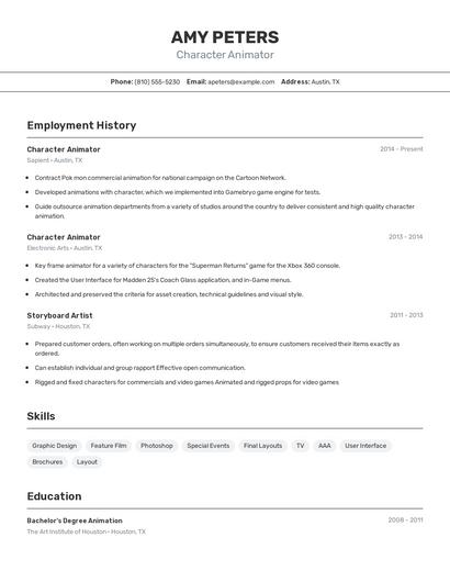 Character Animator Resume