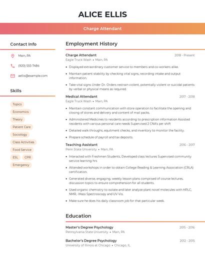 Charge Attendant Resume