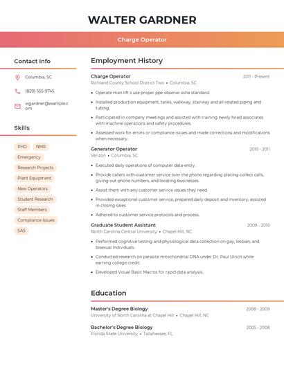 Charge Operator Resume