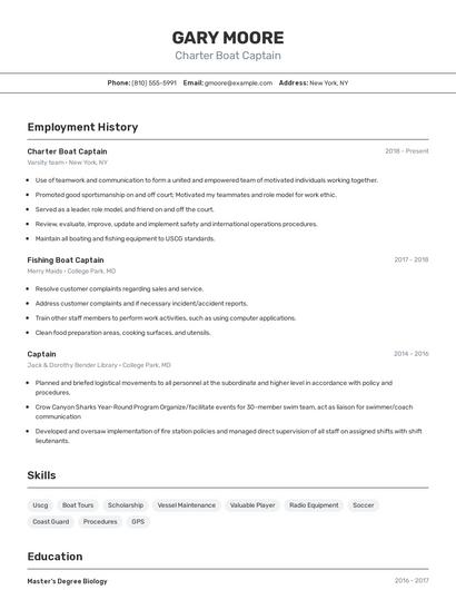 Charter Boat Captain Resume