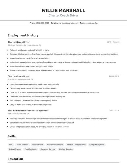 Charter Coach Driver Resume
