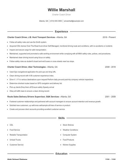 Charter Coach Driver Resume