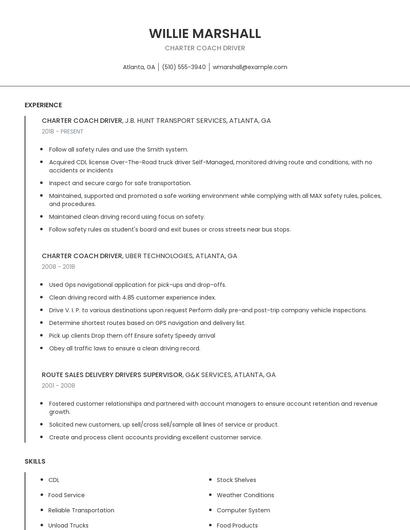 Charter Coach Driver Resume